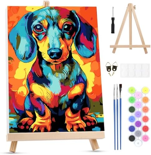 MXJSUA Dachshund Dog Paint by Numbers Kit with Frame for Adults, Animal Easy Beginners Paint by Number on Canvas with Easel, Acrylic Number Painting Craft Gifts for Home Decor, 8x12 inch by MXJSUA-DiamondPaintingkits