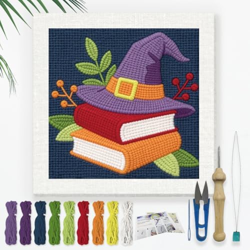 DOODLREAM Purple Witch Hat Needle Kit for Beginner, 9.4"x 9.4" Spell Book Punch Stitching Craft Set, DIY Embroidery Starter with Printed Frame, Instruction, Threader, Yarn, Punch Needle by Doodlream