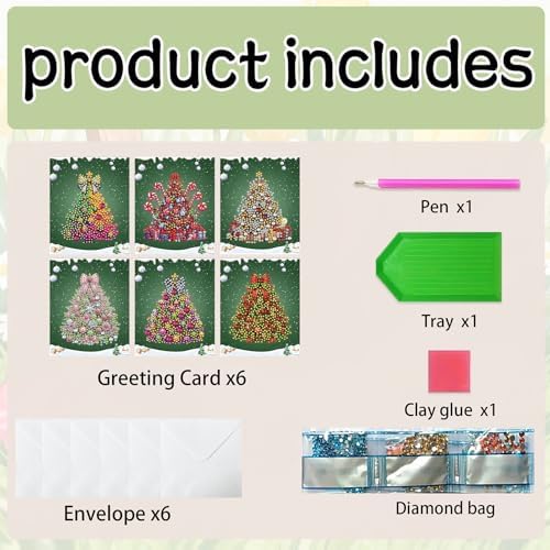 jinglinhh 6pcs Diamond Art Painting Christmas Tree Greeting Cards with Envelopes, DIY Card Making Kits for Adults, Diamond Art Christmas Cards for Birthday Holiday Postcards - Image 3