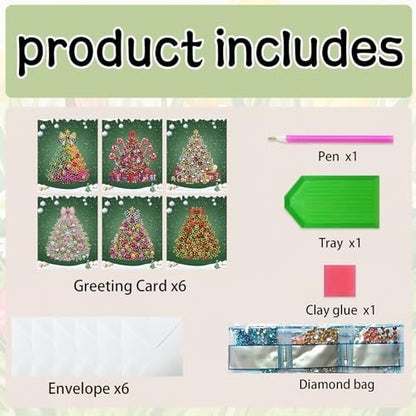 jinglinhh 6pcs Diamond Art Painting Christmas Tree Greeting Cards with Envelopes, DIY Card Making Kits for Adults, Diamond Art Christmas Cards for Birthday Holiday Postcards - Image 3