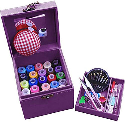 2 Layers Sewing Kits with Vintage Box Sewing Accessories Supplies Kits for Adults Kids Beginner Travel Sewing Basket Metal Handle Purple by TINTON+LIFE