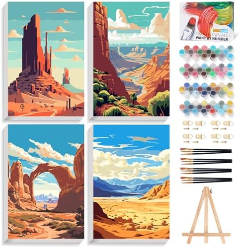 4 Pack Framed Paint by Numbers Kit for Adults with Wooden Easel, 8x12 Inch by Offito