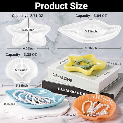 Gartful 3 Pieces Tray Resin Molds, Silicone Jewelry Dish Molds, DIY Storage Container Epoxy Casting Molds for Jewelry Ring Holders, Soap Dish, Candle Holder, 3 Large Styles(Conch & Star & Shell) - Image 2