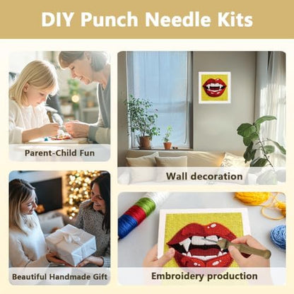 Doodlream Red Lip Needle Kit for Beginner, 9.4"x 9.4" Halloween Fanged Mouth Punch Stitching Craft Set, Color DIY Embroidery Starter with Printed Frame, Instruction, Threader, Yarn, Pinch Needle - Image 4