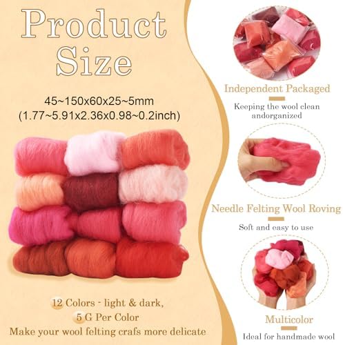 Beadthoven 12 Colors Felting Wool Roving Gradient Color 60G Needle Felting Wool Roving Yarn Fiber Spinning Wool Roving for Needle Felting, DIY Hand Spinning, Wet Felting, DIY Craft Red Pink - Image 2
