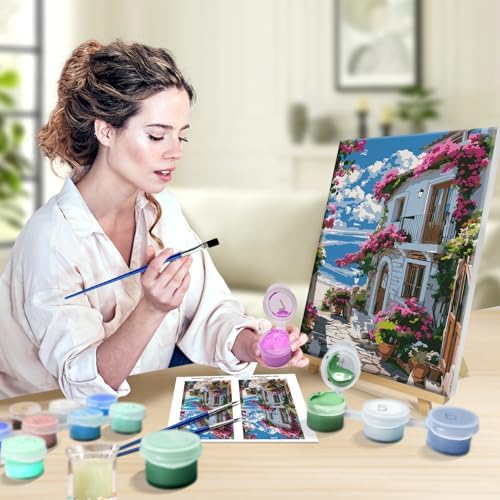 JOOZ Paint by Numbers Kit for Adults with Frame, Seaside Scene Paint by Number with Easel, DIY House Flowers Oil Painting by Numbers, Adult Paint by Number Kits Landscape for Wall Decor 8x12 Inch - Image 4