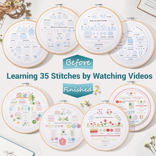 VIVIDOX 4 Sets Embroidery Kit for Beginners Adults, 35 Stitches Practice Kits Cross Stitch for Starter, DIY Hand Craft with Stamped Pattern, Bamboo Hoop, Threads, Needles, Scissors, Tools, Instruction - Image 4