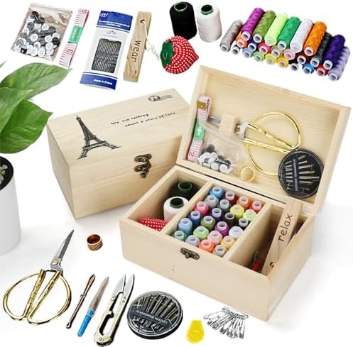 MKNZOME Wooden Sewing Basket - Sewing Box with Supplies for Travel Home by MKNZOME