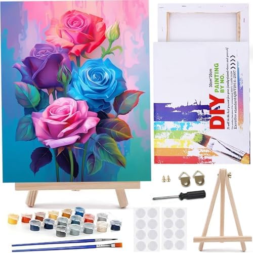 MaiMMaledy Paint by Numbers Kit for Adults Beginners Canvas Pictures with Framed Drawing Painting Acrylic Pigment with Wooden Triangle Easel Rose 8Wx12L inch by MaiMMaledy