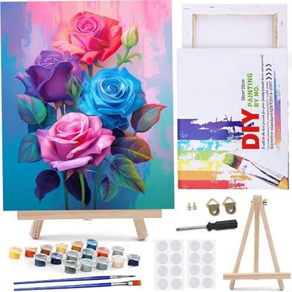 MaiMMaledy Paint by Numbers Kit for Adults Beginners Canvas Pictures with Framed Drawing Painting Acrylic Pigment with Wooden Triangle Easel Rose 8Wx12L inch by MaiMMaledy