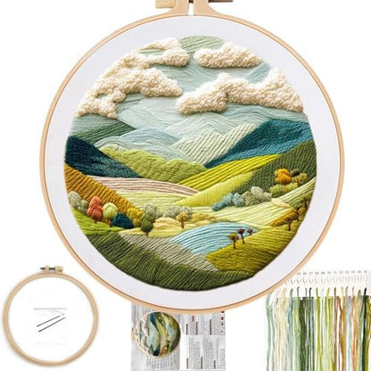 FONNUY Embroidery Kit for Beginners, Nature Hills Landscape Pre-Stamped Pattern Kits for Adults with Hoop, Easy to Follow Color Thread Needlework, 8'' Hoop (Rolling Mountains) by FONNUY
