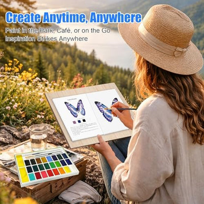 CraftyManor Watercolor Workbook for Beginners, 24 Colors Water Color Paint Set with Paints & Brushes, Creative Adult Coloring Book with 12 Patterns of Original DIY Designs (Butterfly) - Image 4