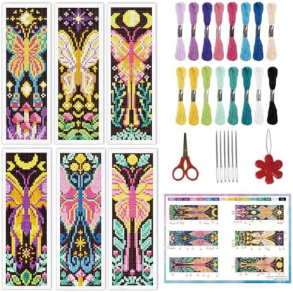 INFUNLY 6Pcs Cross Stitch Bookmark Kit 3x8.5 Inch Butterfly Stamped Embroidery Starter Set for Adults DIY Fabric Needlepoint Bookmark with 16 Colors Floss Scissor Threader Backing Felt for Book Lovers by INFUNLY