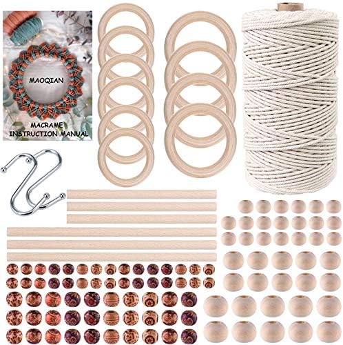 120pcs Macrame Kits for Beginners 3mm x 109yards Natural Cotton Macrame Cord with Wooden Beads & Rings,Wooden Sticks,Metal Rings Macrame Supplies Best for Macrame Plant Hanger by MAOQIAN