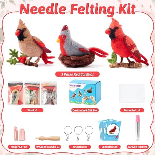 WATINC Needle Felting Kit - 3 Set Unique Different Cute Doll Wool Felt Needle Tools Foam Pad Instruction, DIY Home Decoration Craft Party Supplies for Art Work Starter Beginners (Cardinal) - Image 2