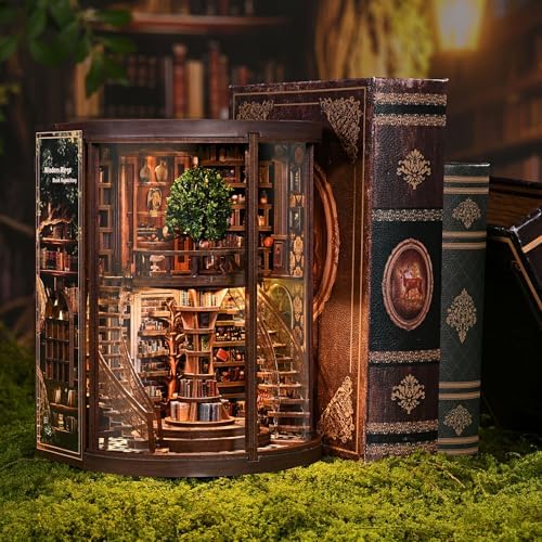 Cylinder 2-Story Book Nook Kit with Spiral Staircase, Open-Front Miniature Library, Wooden DIY Bookshelf Insert for Creative Adults & Home Décor - Image 6
