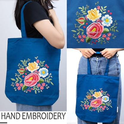 CREAWONDER Canvas Tote Bag Embroidery Kit with Pattern for Beginners, Arts and DIY Embroidery Crafts Kits for Adults, Include Instructions, Thimble, Embroidery Hoops, Color Threads and Tool - Image 2