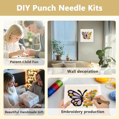 Doodlream Butterflies and Flowers DIY Punch Needle Embroidery Kit for Adult Beginner, 9.4" Punch Stitching Craft Set for Starter with Frame, Fabric Pattern, Threader, Yarn, Pinch Needle - Image 4