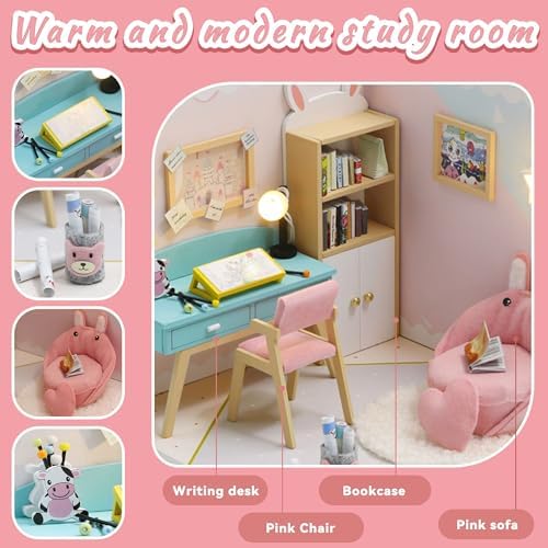 Kisoy Dollhouse Miniature with Furniture Kit, DIY 3D Wooden DIY House Kit A Corner of a Small Apartment Style with Dust Cover & LED,Handmade Tiny House Toys for Kids Adults Gift (Study Room) - Image 4