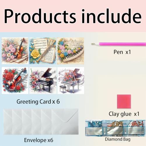 6PCS Musical Instrument Diamond Art Painting Greeting Cards Kit with Envelopes - 5D DIY Diamond Art Card Kits for Adults - Handcrafted Postcards for Birthday & Holiday - Image 5