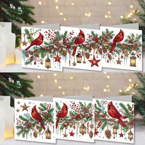Diamond Art Christmas Cards Kit, 6PCS DIY Diamond Painting Christmas Cards with Envelopes, 5D Diamond Dot Greeting Cards for Adults, Xmas Card for Holiday Crafting Gifts (Christmas Cardinal) - Image 2