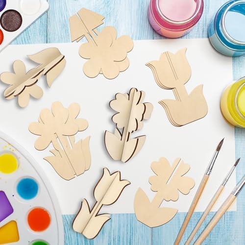COCHIE DIY 3D Flower Spring Wood Crafts to Paint, Paintable Unfinished Wooden Slices for Craft, Flowers Cutouts Ornaments for Painting Decorations (24 PCS) - Image 7