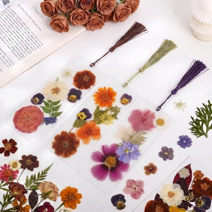 182 Pcs Pressed Flower Bookmark Making Kit, 30 Laminating Pouches with 120 Dried Flowers, 30 Tassels, Tweezer and Punch, Party DIY Crafts Bookmark for Reading Women Kids - Image 3