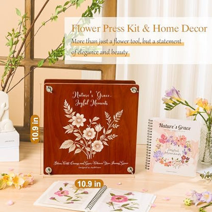 Joy&Grace Large Flower Press Kit for Adults with Designed Cover and DIY Album, 10.9" x 10.9" 10 Layers Plant Press and Plant Drying Toolkit, Flower Preservation Kit (Color Box, Mahogany Color) - Image 2