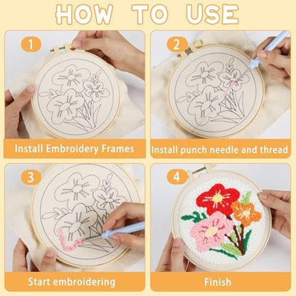 ojustbeok 1 Set Punch Needle Embroidery Starter Kits Includes Punching Needling Fabric with Pattern, Yarns, Embroidery Hoops, Sewing Needles, Instruction for Adults Beginner DIY Handmade Crafts Gifts - Image 4