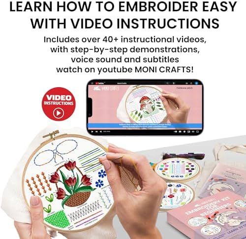 Moni Crafts Adult Beginner Embroidery Kit – 4 Pre-Printed Patterns (Flower, Mushroom, Floral, Heart) – Learn 41 Stitches, Hand Embroidery Starter Craft Set - Image 4