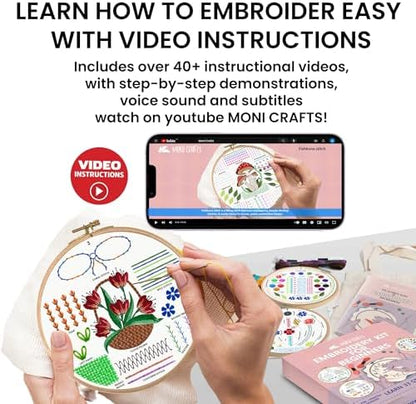 Moni Crafts Adult Beginner Embroidery Kit – 4 Pre-Printed Patterns (Flower, Mushroom, Floral, Heart) – Learn 41 Stitches, Hand Embroidery Starter Craft Set - Image 4