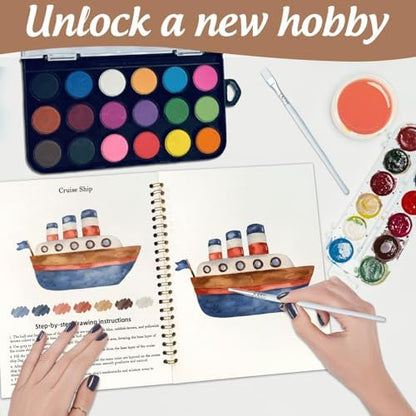 Watercolor Workbook, Water Coloring Book, 12 Different Patterns of Original DIY Designs, 18 Colors Watercolor Paint Set, Beginner-Friendly Watercolor Workbooks(Transportation), Perfect Gifts for Adult - Image 5