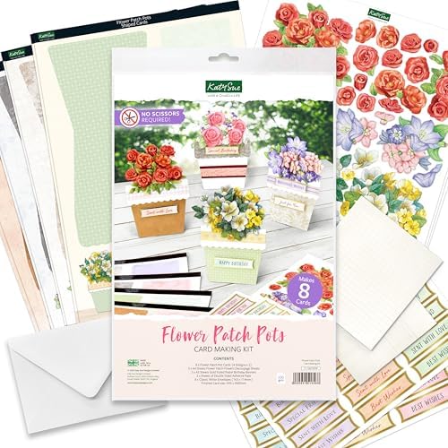 Katy Sue Flower Patch Pots Card Making Kit. 8 Cards, 8 Envelopes, 3 Sheets of Floral Die-Cut Decoupage, Adhesive Pads, & 2 Sheets of Birthday Sentiments Banners for Card Making Supplies - Image 2