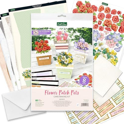 Katy Sue Flower Patch Pots Card Making Kit. 8 Cards, 8 Envelopes, 3 Sheets of Floral Die-Cut Decoupage, Adhesive Pads, & 2 Sheets of Birthday Sentiments Banners for Card Making Supplies - Image 2