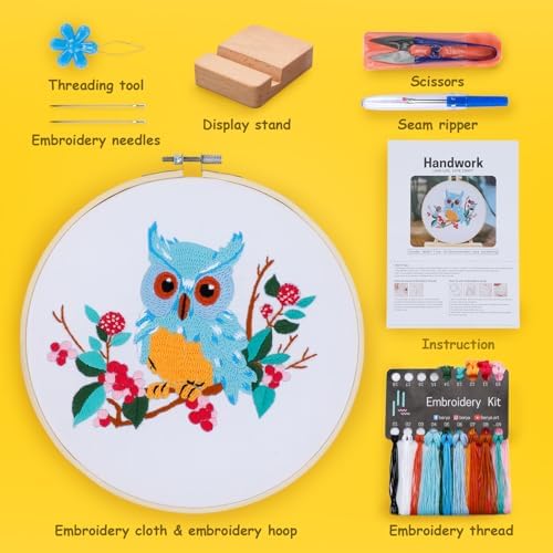 BERYA Owl Embroidery Kit, Embroidery Kit for Adult, Owl Pattern Practice Kit, Including Video Step by Step Instructions, Embroidery Hoop, Cloth, Needles and Thread for DIY Craft Lover (BEO011) - Image 2