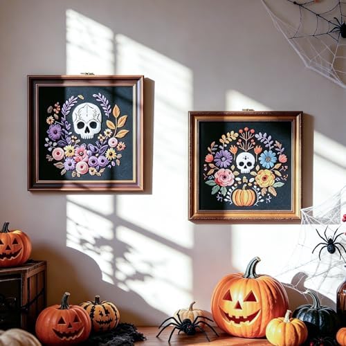 FONNUY Halloween Embroidery Kits for Beginners,Skull Pumpkin Spider Web Floral Stamped Cross Stitch Kit for Adults, Spooky Season Boho Wall Decor, 8'' Hoop (Skull 2) - Image 6