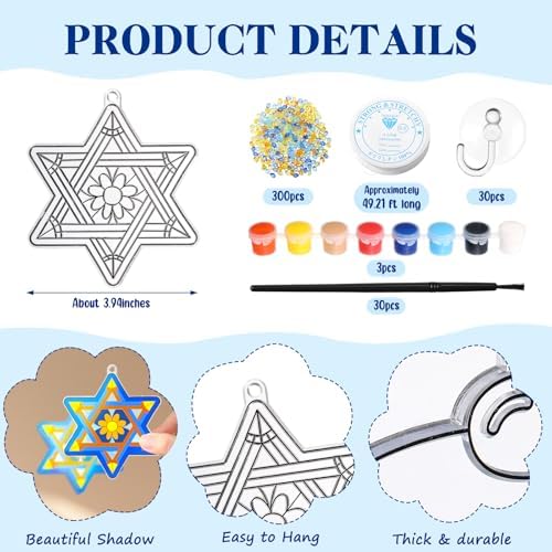 Dunzoom 30 Set Hanukkah Craft Kit Chanukah Suncatchers Kits Window Art Menorah Dreidel DIY Make Your Own Paint Suncatcher Ornaments for Jewish Hanukkah Art Craft Activity - Image 2
