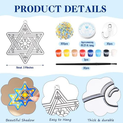 Dunzoom 30 Set Hanukkah Craft Kit Chanukah Suncatchers Kits Window Art Menorah Dreidel DIY Make Your Own Paint Suncatcher Ornaments for Jewish Hanukkah Art Craft Activity - Image 2