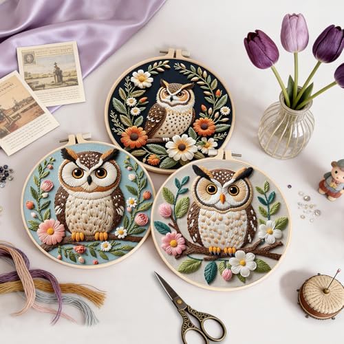 Uniartfy 3 Sets Embroidery Kit for Beginners with Owl Flower Pattern, Hand Needlepoint Kits for Adults, Embroidery Starter Kits with Hoops, Step by Step Video & Instructions, DIY Cross Stitch Kit - Image 5