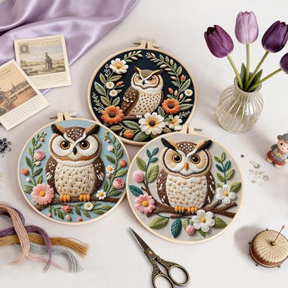 Uniartfy 3 Sets Embroidery Kit for Beginners with Owl Flower Pattern, Hand Needlepoint Kits for Adults, Embroidery Starter Kits with Hoops, Step by Step Video & Instructions, DIY Cross Stitch Kit - Image 5