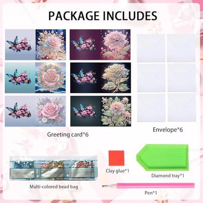 LazyFold 6Pcs DIY Diamond Art Painting Greeting Cards with Envelopes, Pink Rose All Occasion Note Card Kit for Women, Handmade Thank You Birthday Friendship Cards Gift - Image 3