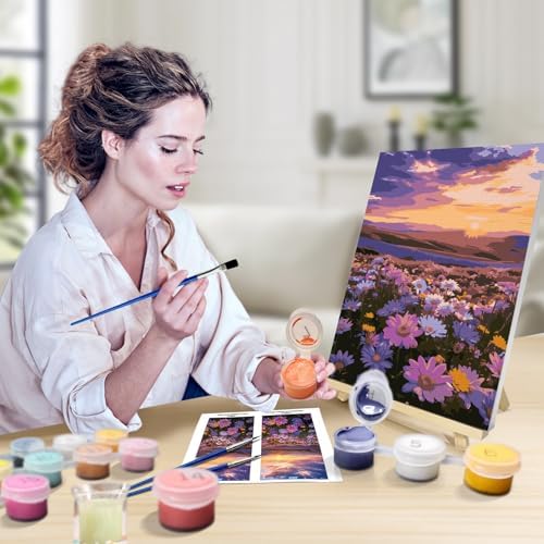 JOOZ Flowers Paint by Numbers Kit for Adults with Frame, Sunset Mountain Paint by Number with Easel, DIY Adult Paint by Number Kits on Canvas Landscape for Home Wall Decor 8 x 12 Inch - Image 4