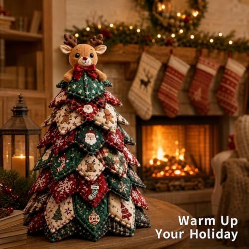 Quilted Christmas Tree Kit – Pre-Cut Fabric & Foam Cone DIY Tabletop Decoration with Tree Topper, No-Sew Holiday Craft Kit for Adults & Kids, Christmas Tree Decorations for Home, Party & Gifts (set6) - Image 6