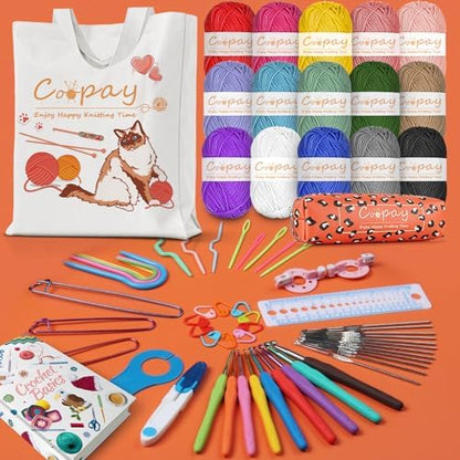 Coopay Crochet Kit Beginners Crochet Starter Kit with 15 Colors Yarn, 71PCS Crochet Beginners Set Crochet Kit for Adults, Cat Canvas Tote Bag Full Crochet Accessories & Instructions - Image 3