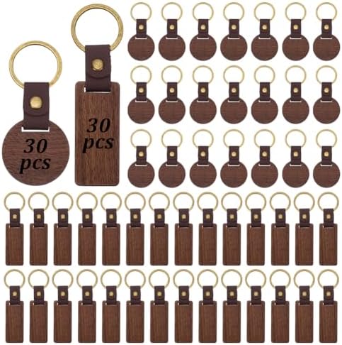 60 PCS Leather Wood Keychain Blanks Unfinished Wooden Keychains Rectangular and Round Shape Walnut Wood Keychains Blanks for Engraving DIY Crafts Personalized Gifts by ACRNIGHEET