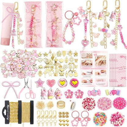 Ecoofor 707 Pcs Lip Gloss Beaded Keychain Making Kits, Pink DIY Bag Charm Kit, 78.8 Inch Chains, Key Chain Hooks, Jump Rings, Lobster Clasps, 452 Charms & Letter Beads, Tools & Gift Bags by Ecoofor
