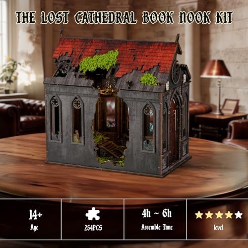 Lost Cathedral Book Nook Kit - Gothic Miniature DIY 3D Wooden Puzzle with LED Light, Bookshelf Insert Decor for Adults Teens, Cathedral Model Gift - Image 4