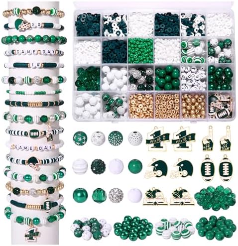 HSWE Game Day Beads for Bracelets Making Kit Heishi Clay Pearl Letter Assorted Round Bead Gold Spacer Beads Football Charms for DIY Bracelets Necklace Jewelry Making (Green White Beads Kit25) by HSWE