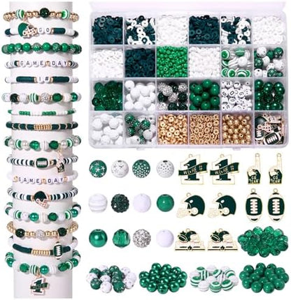 HSWE Game Day Beads for Bracelets Making Kit Heishi Clay Pearl Letter Assorted Round Bead Gold Spacer Beads Football Charms for DIY Bracelets Necklace Jewelry Making (Green White Beads Kit25) by HSWE
