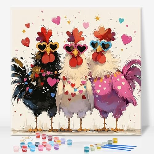 Framed Paint by Numbers Kit for Adults, Funny Chickens, 10 x 10 Inch by GEEHEIY